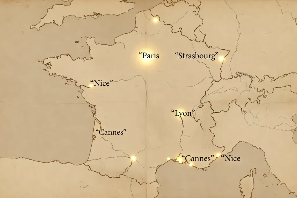 Carte stylisée de France avec points lumineux sur Paris, Nice, Cannes, Strasbourg, Lyon, fond parchemin, style infographique éditorial
