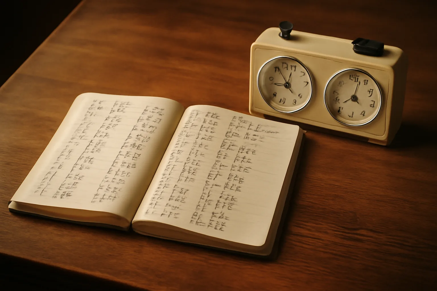 Cahier de notation d'echecs manuscrit pose a cote d'une pendule d'echecs