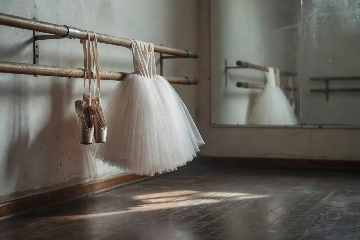 Chaussons de pointe et tutu suspendus dans un studio de danse