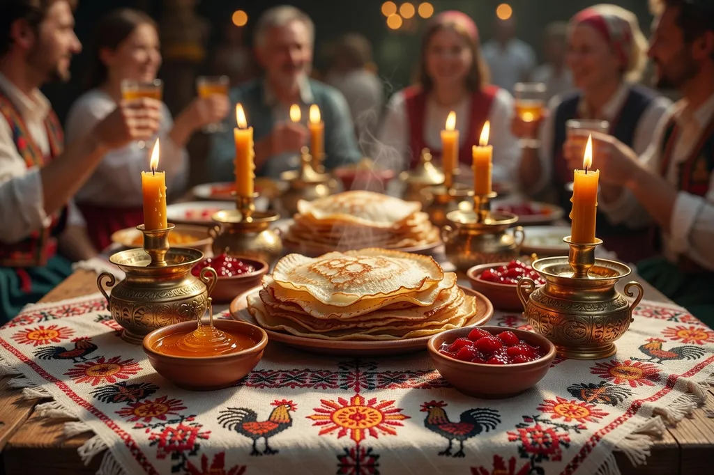 Table dressée pour Maslenitsa, blinis, miel, confiture de fruits rouges, nappe traditionnelle brodée, bougeoirs dorés, convives en fête