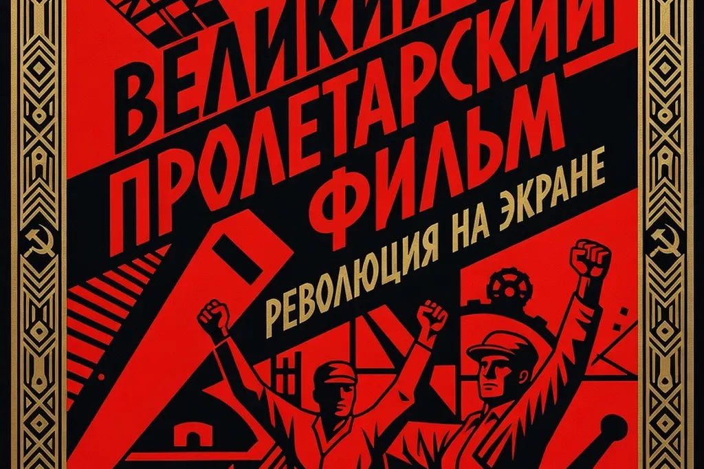 Affiche de cinéma soviétique stylisée dans un style constructiviste, couleurs rouge et noir, typographie cyrillique décorative, cadre doré