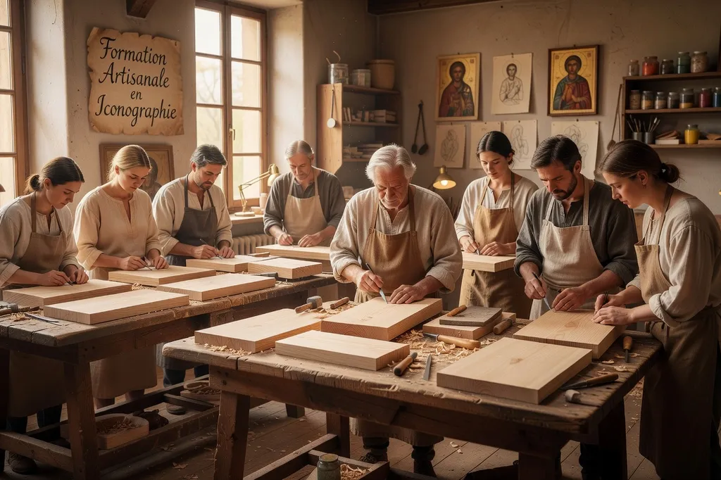 Groupe de participants autour d'un iconographe dans un atelier, plaques de tilleul, formation artisanale