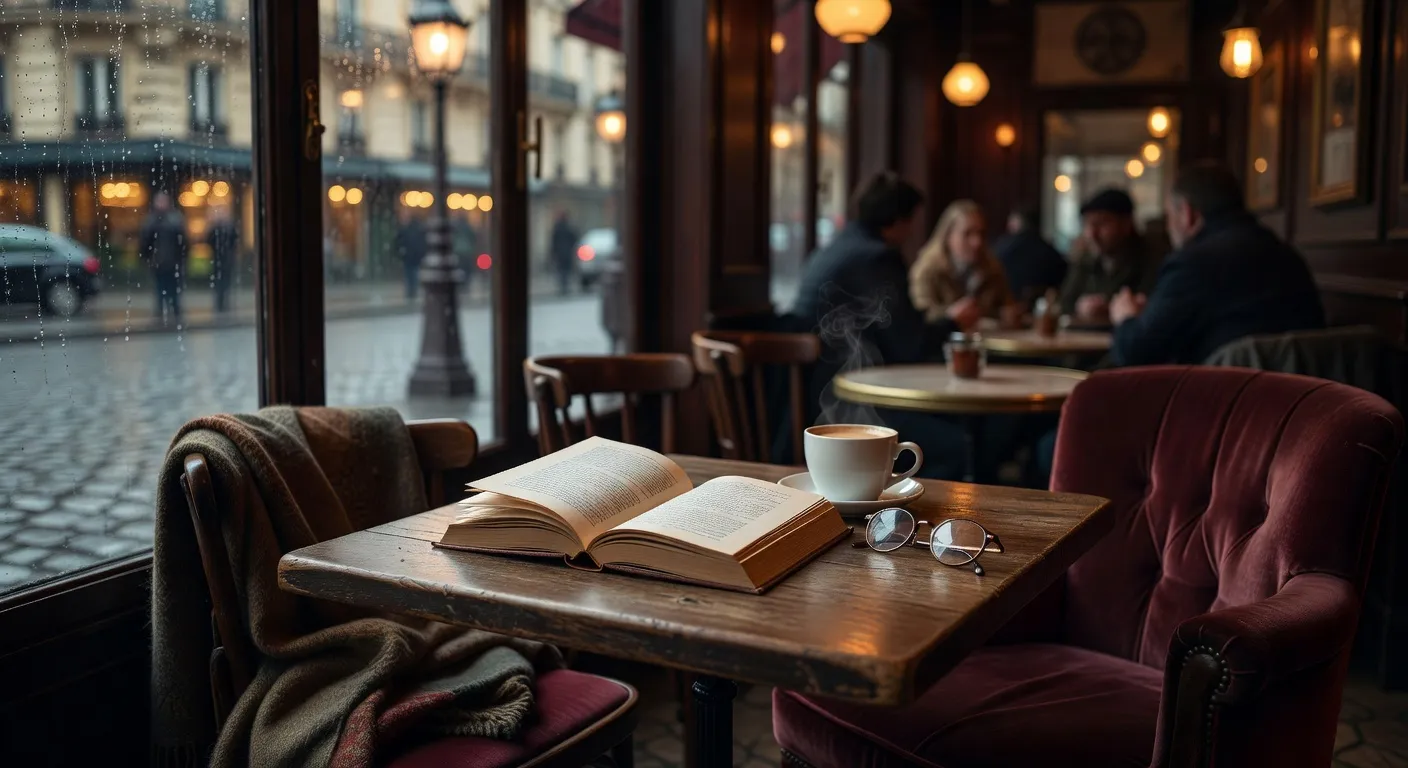 Coin lecture avec un livre russe et une tasse de café, ambiance Montparnasse parisienne éditoriale