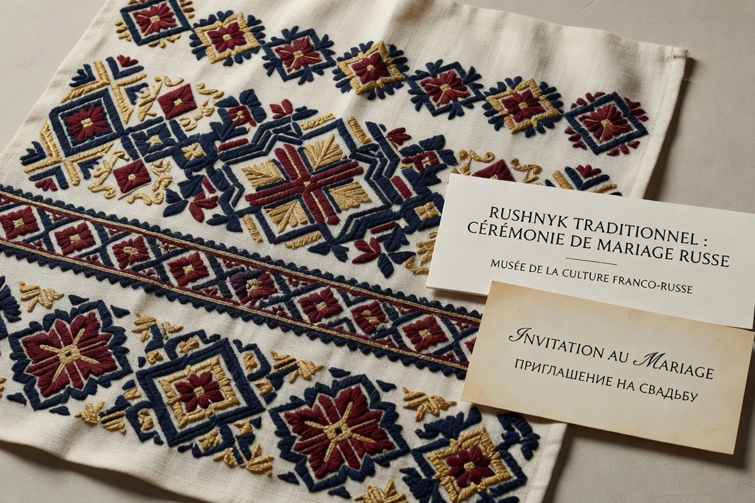 Cérémonie de mariage traditionnel russe avec couronnes et rouchnik brodé, ambiance chaleureuse et festive