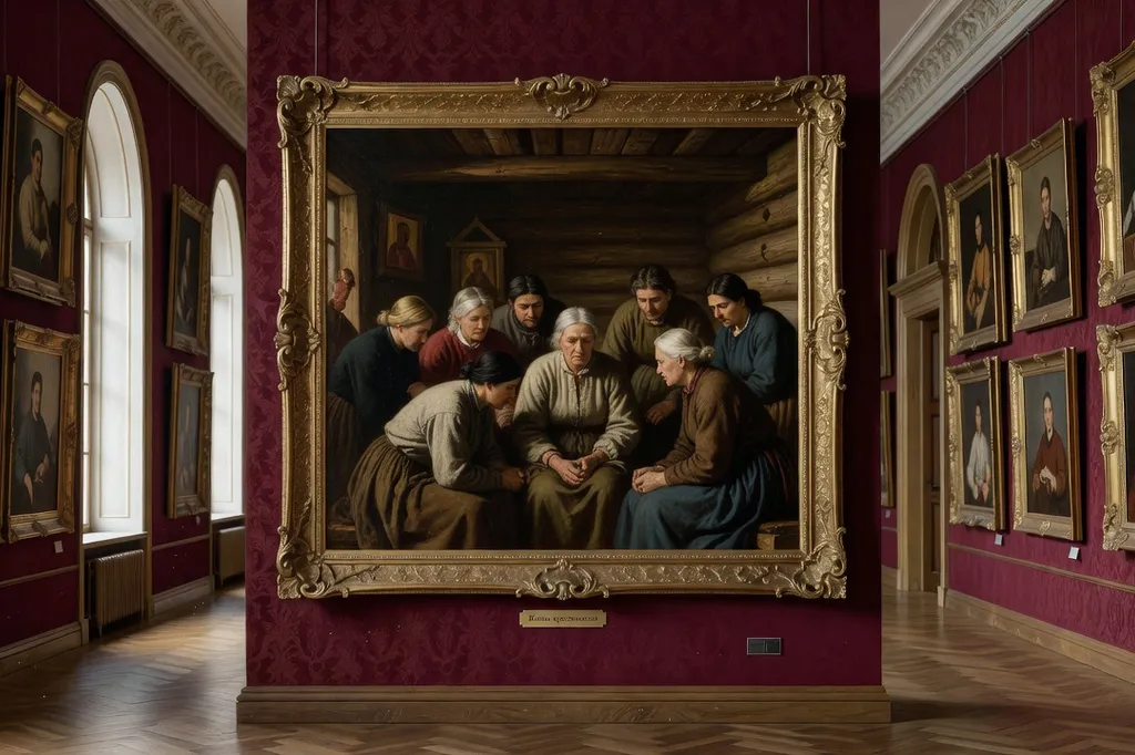 Tableau figuratif style réalisme russe XIXe siècle dans cadre doré, mur de musée éclairé, perspective de galerie