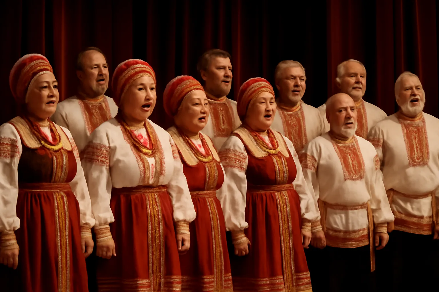Chœur amateur russe en costume traditionnel chantant sur une petite scène associative