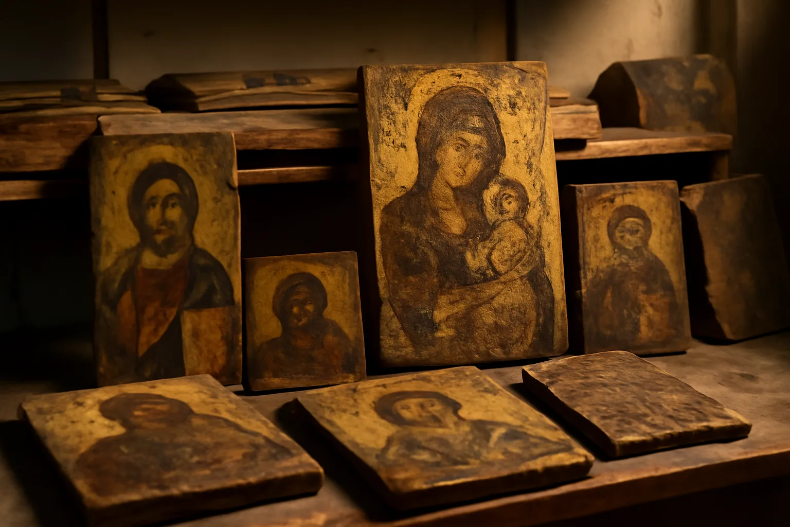 Plusieurs icones anciennes en cours de restauration sur une etagere d'atelier