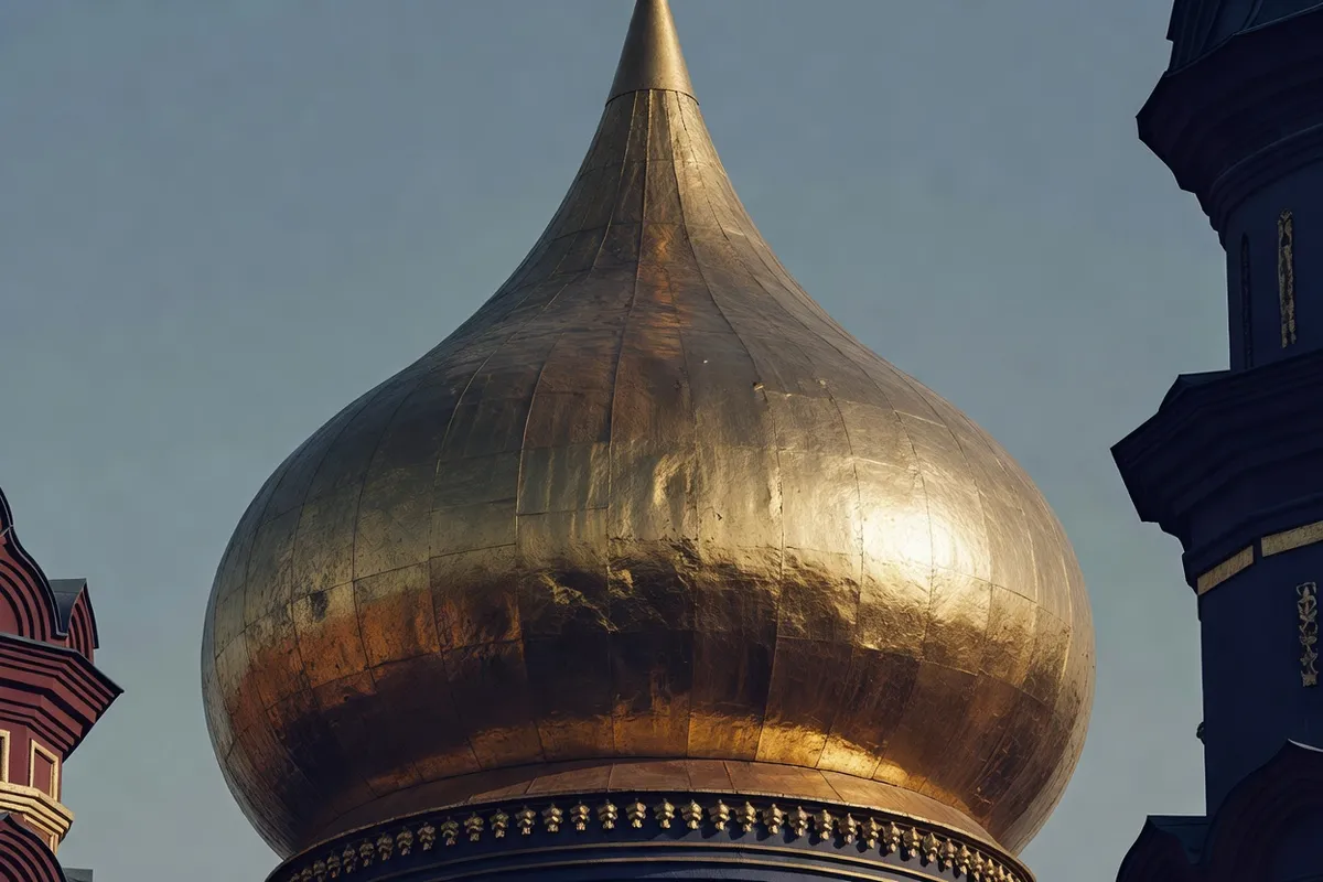 Архитектурная деталь золотого луковичного купола на фоне неба