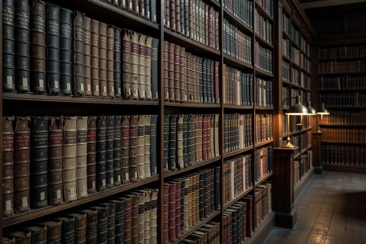 Volumes relies d'archives de journaux anciens sur des etageres de bibliotheque