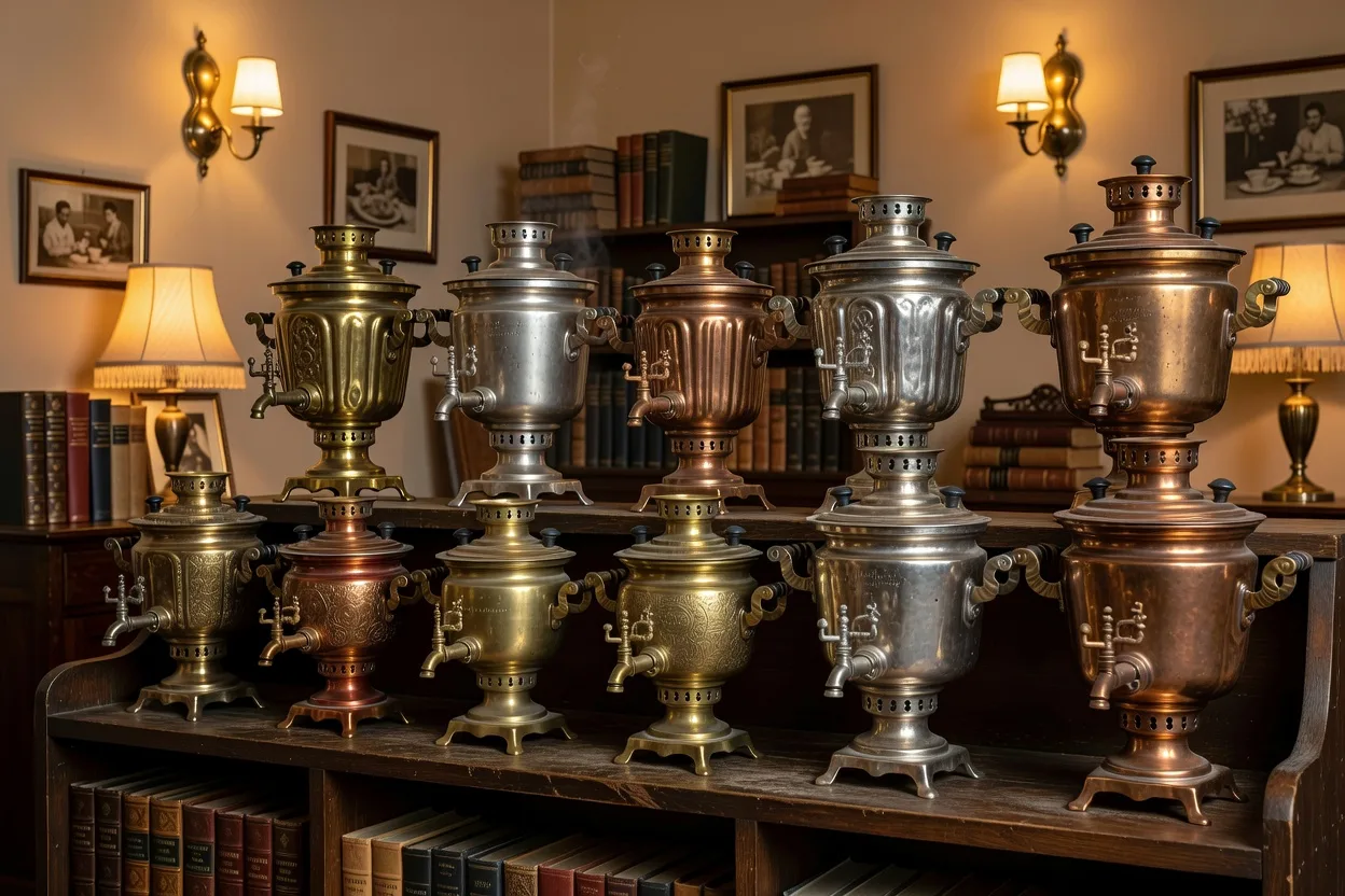 Plusieurs samovars anciens de tailles differentes exposes sur des etageres
