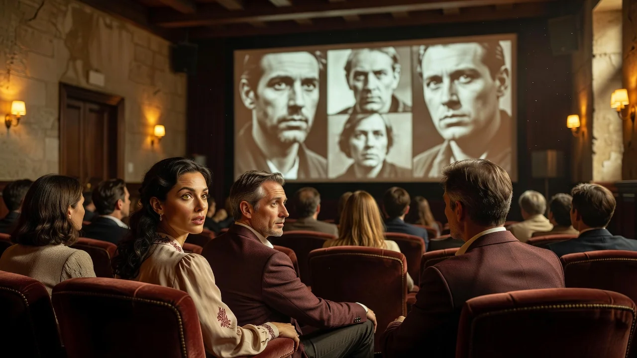 Écran de projection présentant un classique soviétique sous-titré en français