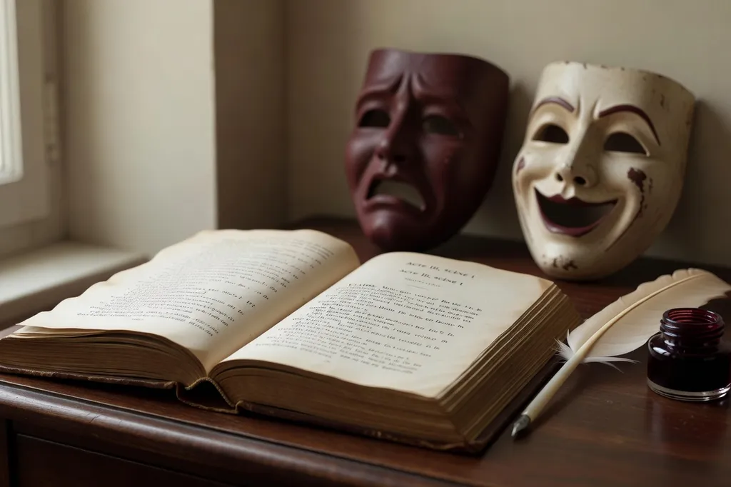 Livre de pièce de théâtre ouvert avec masques en arrière-plan, plume, ambiance éditoriale, tons crème et bordeaux