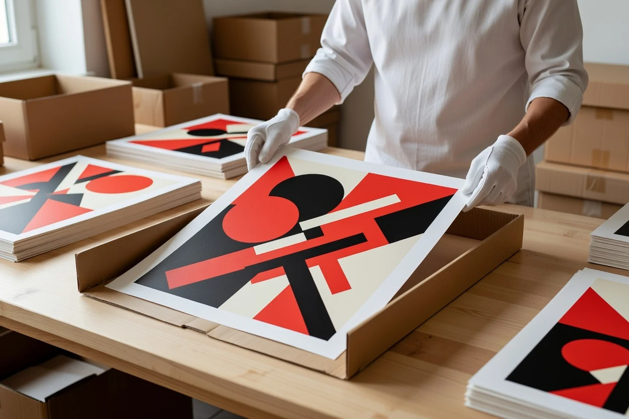 Collectionneur ganté de blanc glissant une grande affiche d'art géométrique dans une chemise cartonnée de conservation sur une table d'atelier, piles d'affiches classées autour de lui