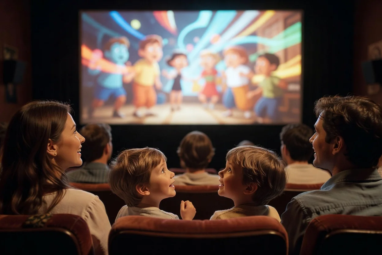 Famille avec enfants regardant un film d’animation dans un cinéma d’art et essai, lueur douce de l’écran