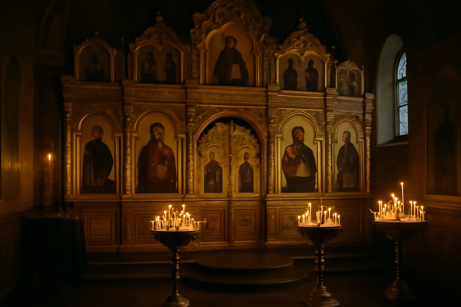 Iconostase dorée éclairée par des cierges à l'intérieur d'une église orthodoxe russe en France