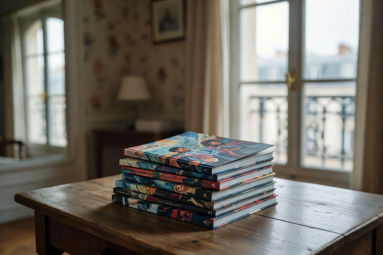 Pile d'albums de bande dessinée aux couvertures illustrées posée sur une table en bois près d'une fenêtre dans un intérieur parisien