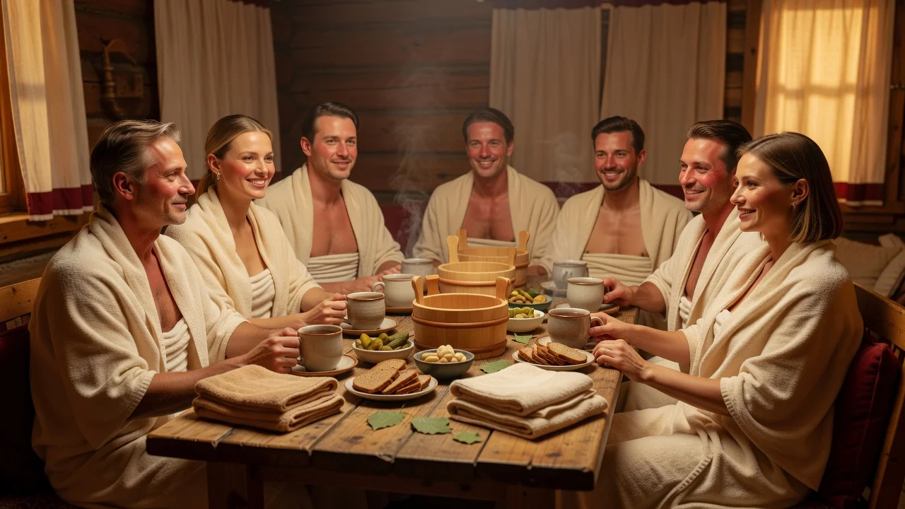 Banya rustique chauffée au bois dans un décor de campagne