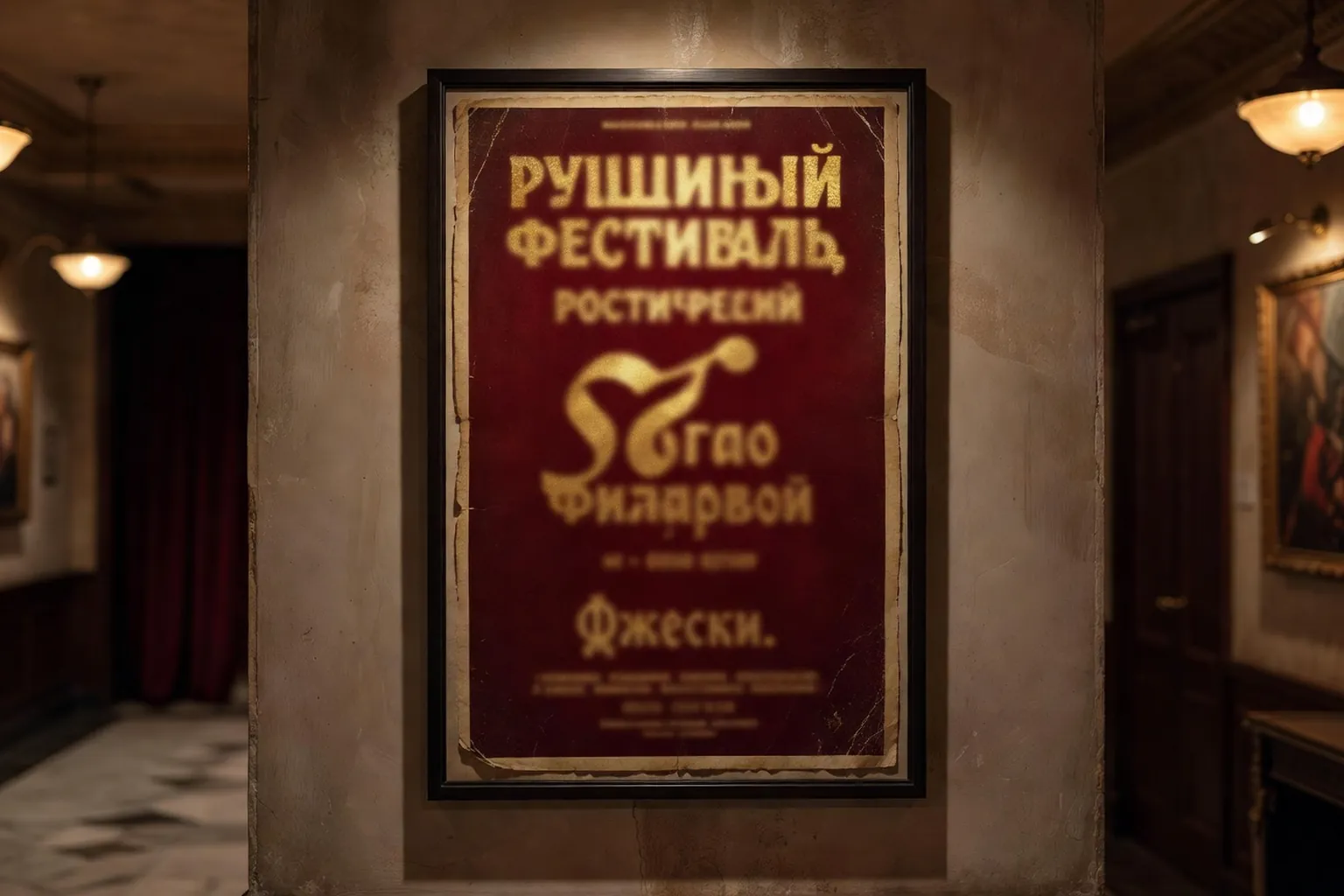 Affiche de festival de cinéma russe encadrée dans le foyer d'un cinéma parisien art et essai