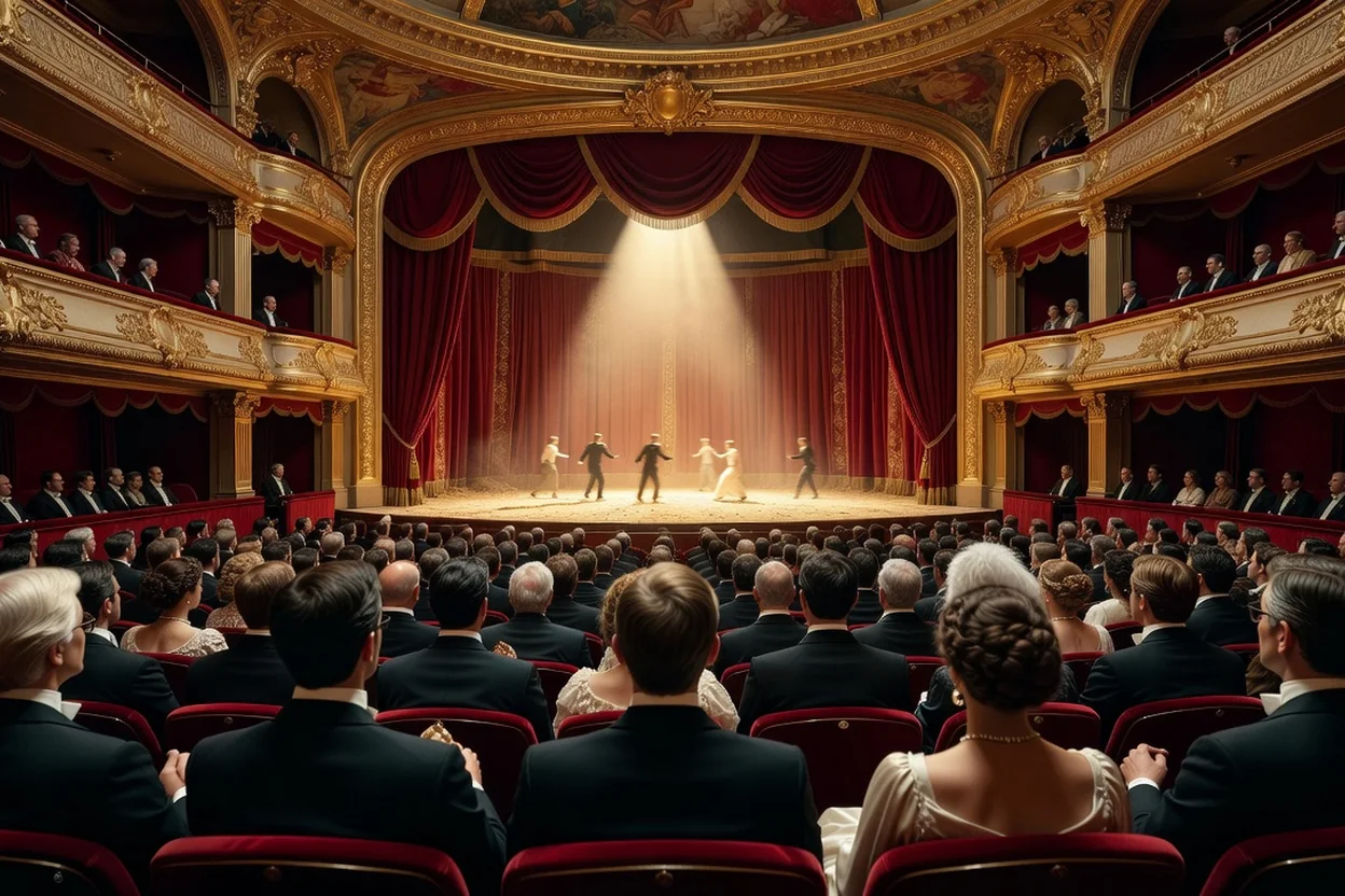Public assis dans une salle de cirque dorée, regardant la piste illuminée entre de lourds rideaux de velours rouge