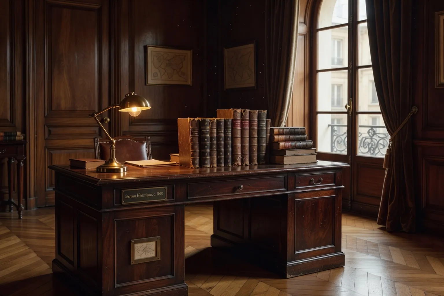 Salle de lecture d'une bibliothèque russe à Paris, lumière de vitrine et reliures anciennes