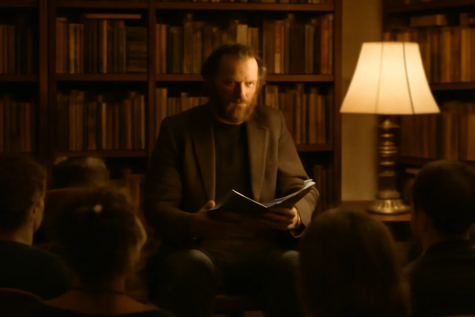 Salle comble lors d'une lecture littéraire russe à Paris, lumière tamisée