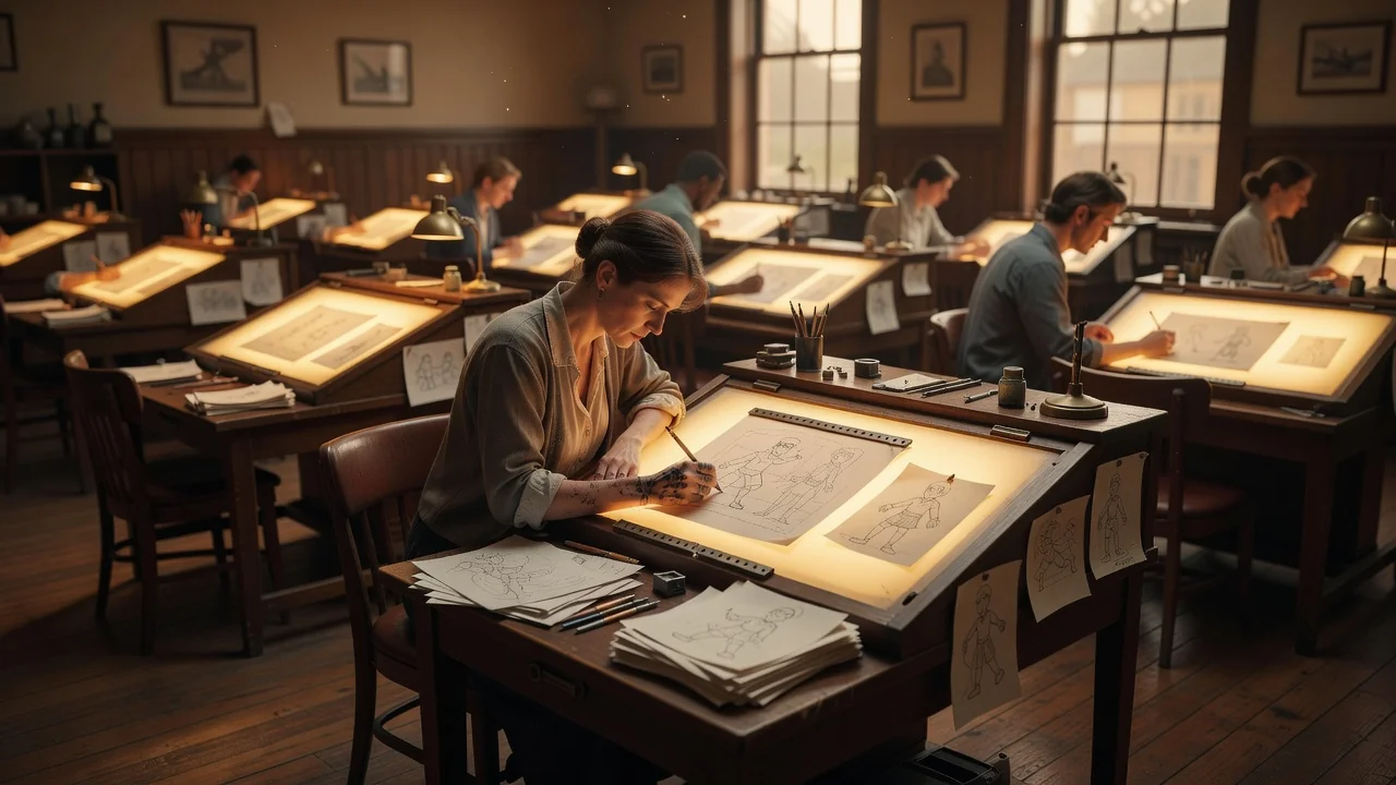 Atelier d’animation traditionnelle avec pupitres rétroéclairés et feuilles de dessins, animatrice au travail