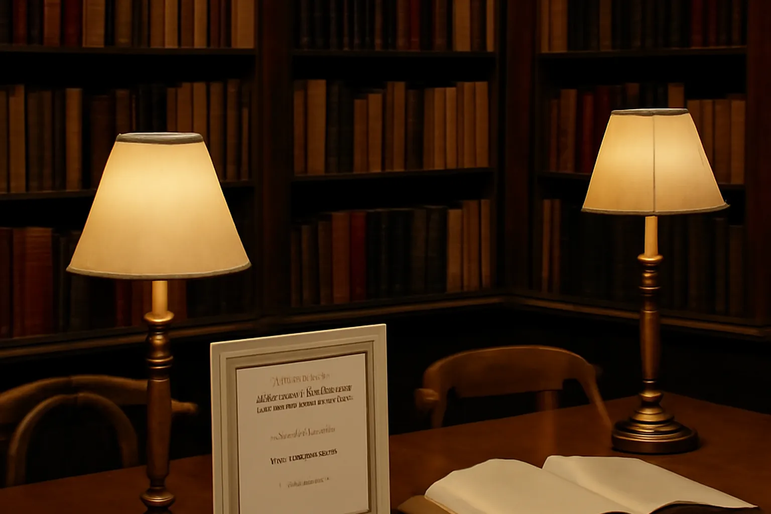 Salle de bibliothèque ancienne avec rayonnages de livres en cyrillique, lumière tamisée, ambiance studieuse