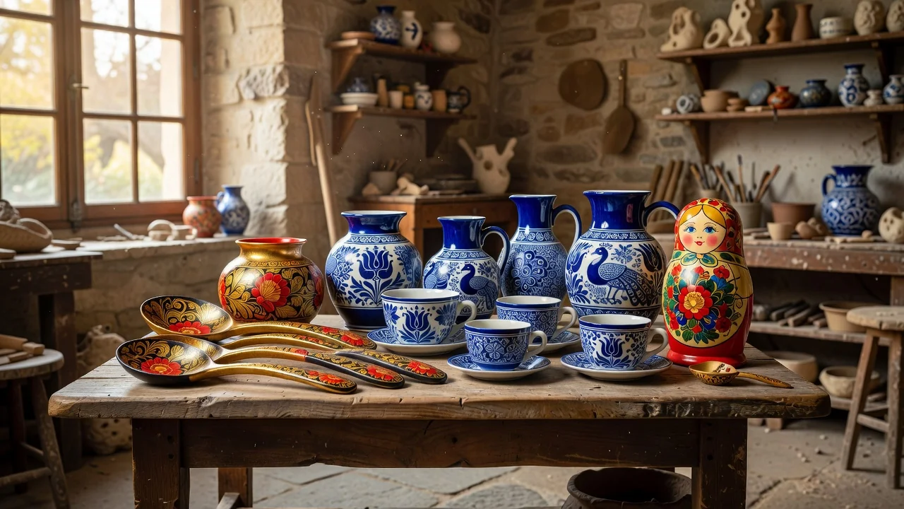 Atelier français présentant des objets d'artisanat russe : cuillères de khokhloma dorées et rouges, céramique gzhel bleu et blanc, matriochka sur une table en bois