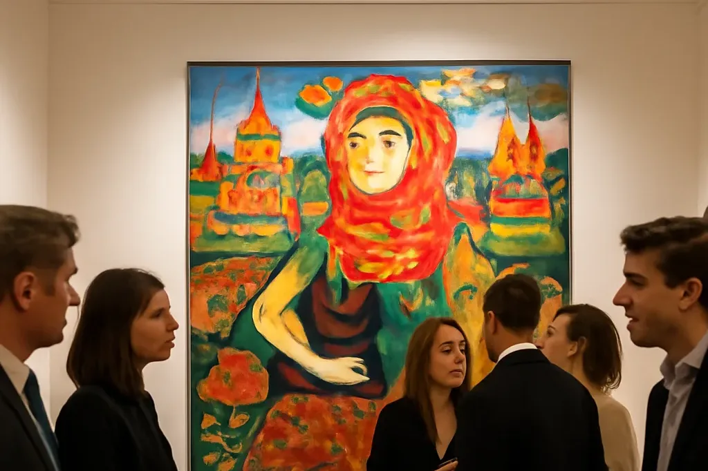 Vernissage dans une galerie d'art parisienne avec tableau russe contemporain en arrière-plan