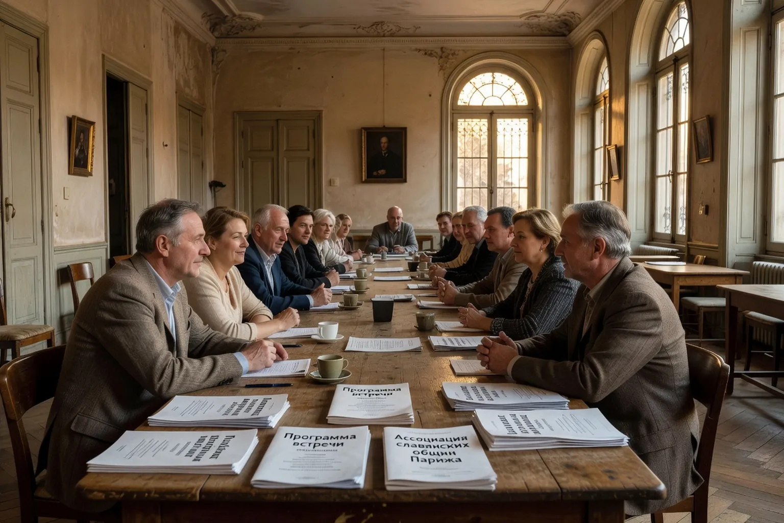 Réunion associative dans une salle parisienne, ambiance patinée