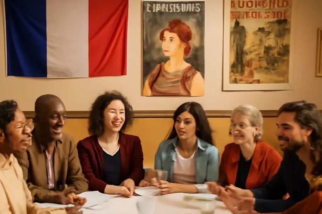 Réunion conviviale d'une association franco-russe dans une salle, personnes diverses autour d'une table