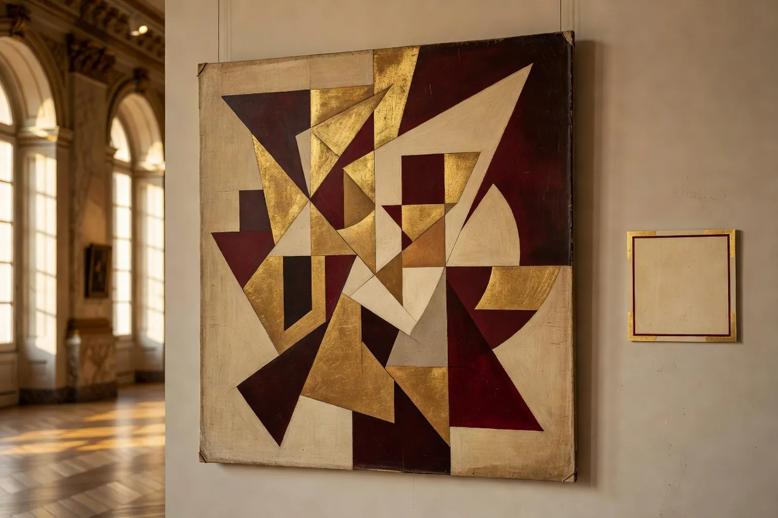 Toile abstraite de l'avant-garde russe accrochée dans une salle de musée parisienne, lumière douce de fin d'après-midi