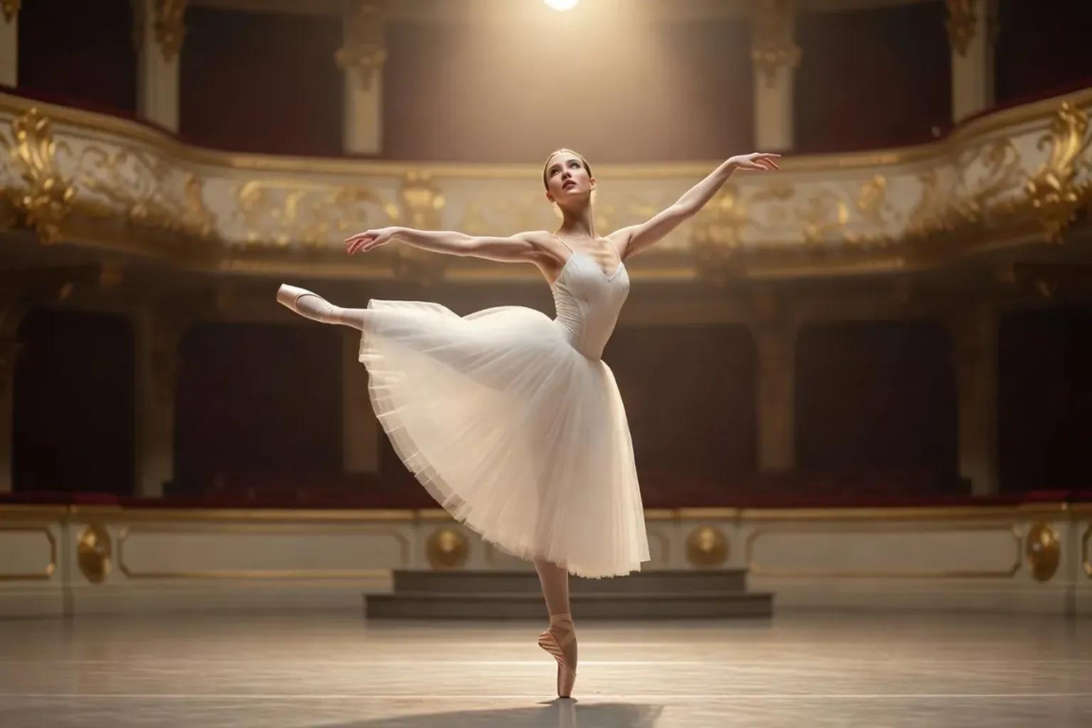 Scène de ballet classique russe avec danseuse en tutu blanc, lumière chaude