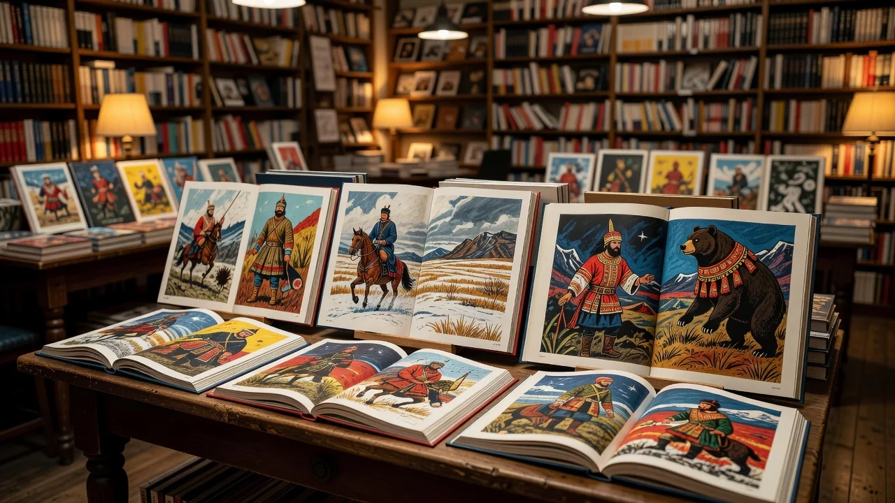 Librairie française présentant des bandes dessinées ouvertes aux illustrations de style russe sur des tables en bois