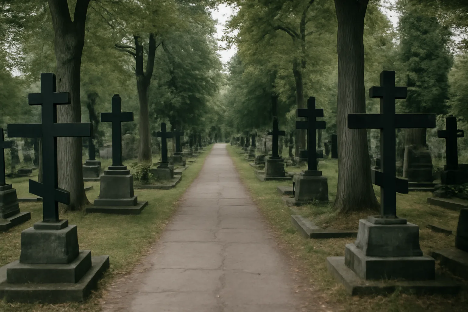 Allee du cimetiere russe de Sainte-Genevieve-des-Bois avec croix orthodoxes et arbres