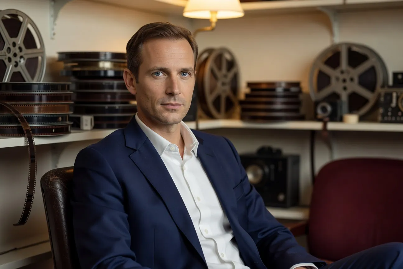 Portrait éditorial de Pierre Rousseau, programmateur cinéma, dans une salle de projection parisienne