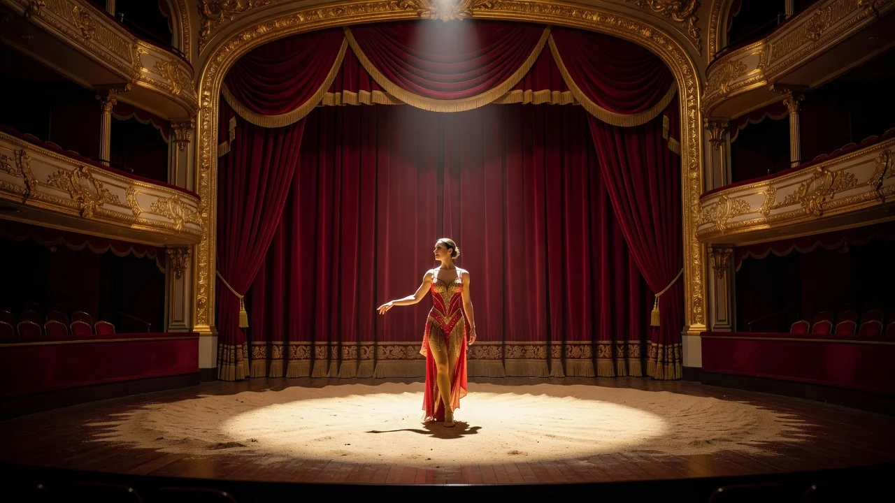 Artiste de cirque en costume rouge et or au centre d’une piste, rideaux de velours rouge, projecteur chaud