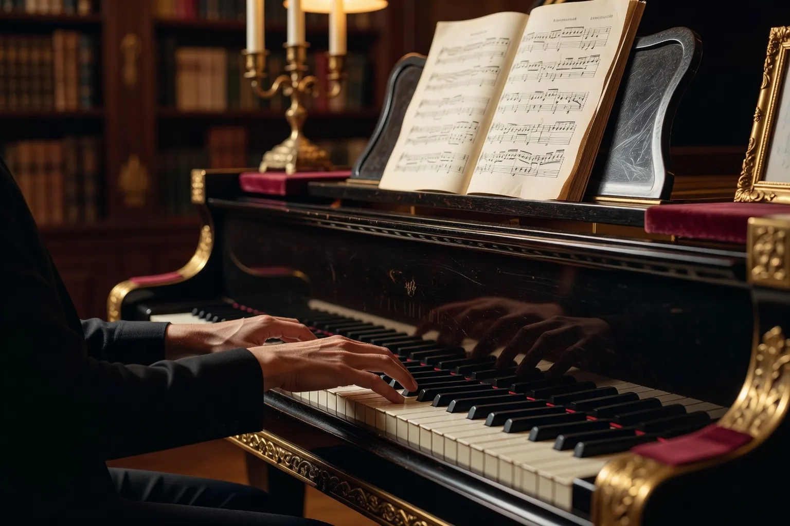 Pianiste de concert au piano à queue, salle de concert en arrière-plan, lumière chaude dorée, partition ouverte