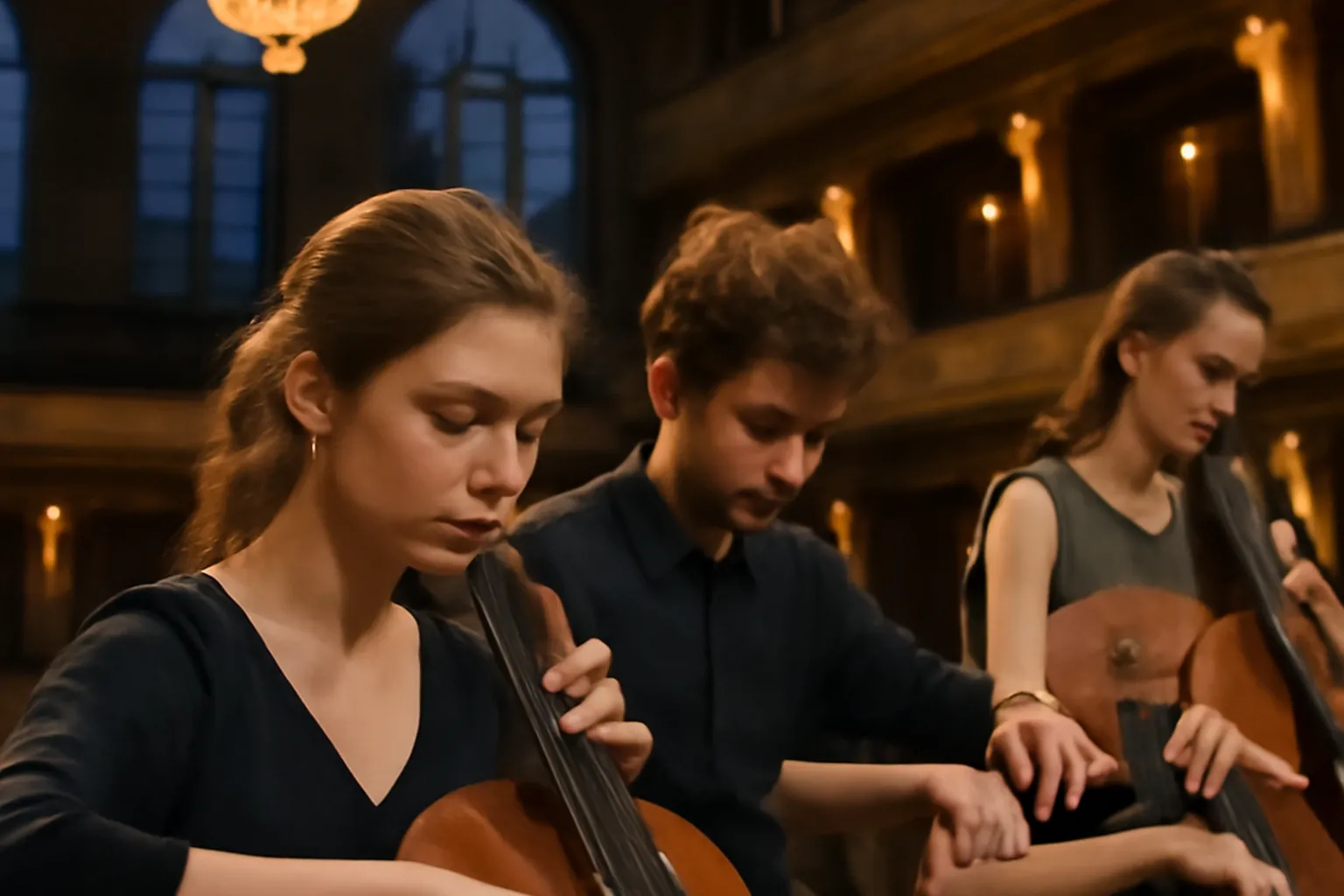 Jeune violoniste sur scène parisienne, éclairage concert classique