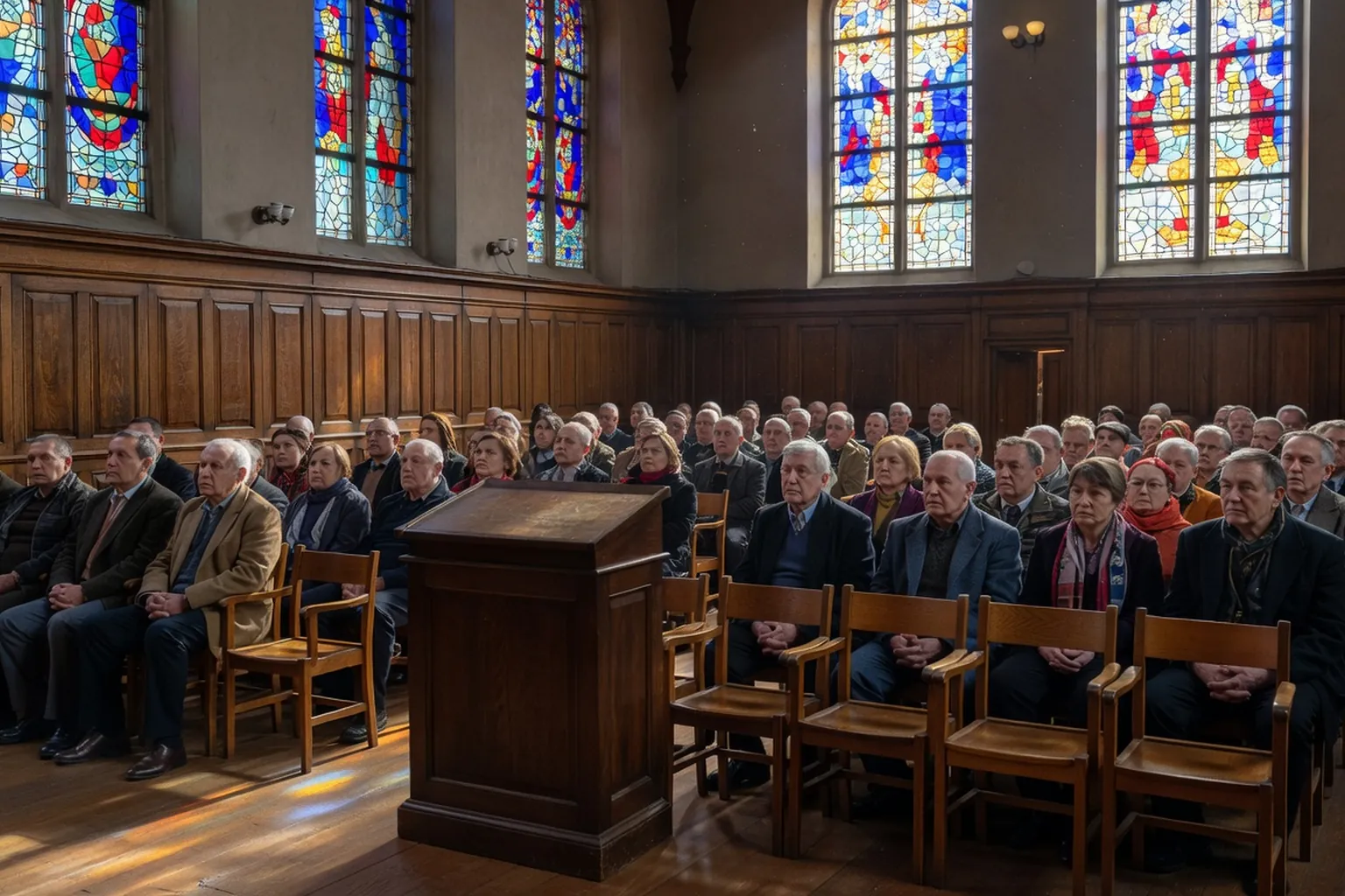Salle de conférence universitaire à Strasbourg, colloque franco-russe, lumière d'automne
