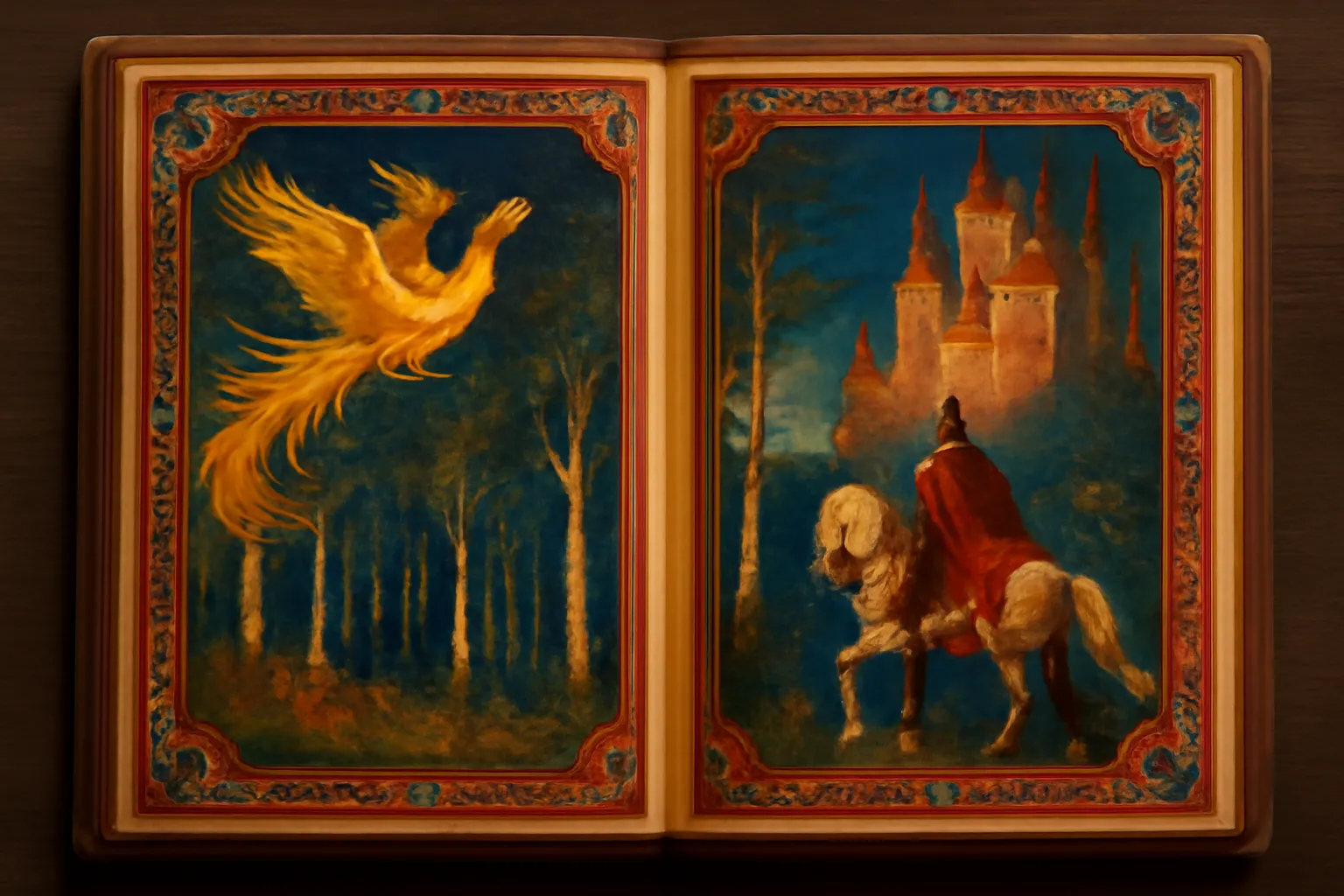Livre illustré de contes russes ouvert, illustration colorée façon Bilibine, ambiance chaleureuse de lecture du soir
