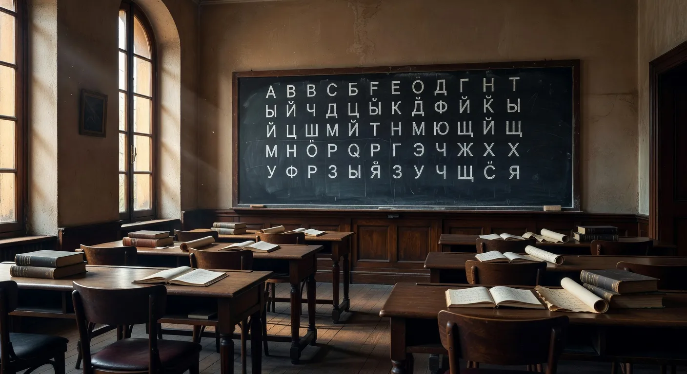 Salle de cours de russe à Paris, tableau avec alphabet cyrillique, ambiance éditoriale