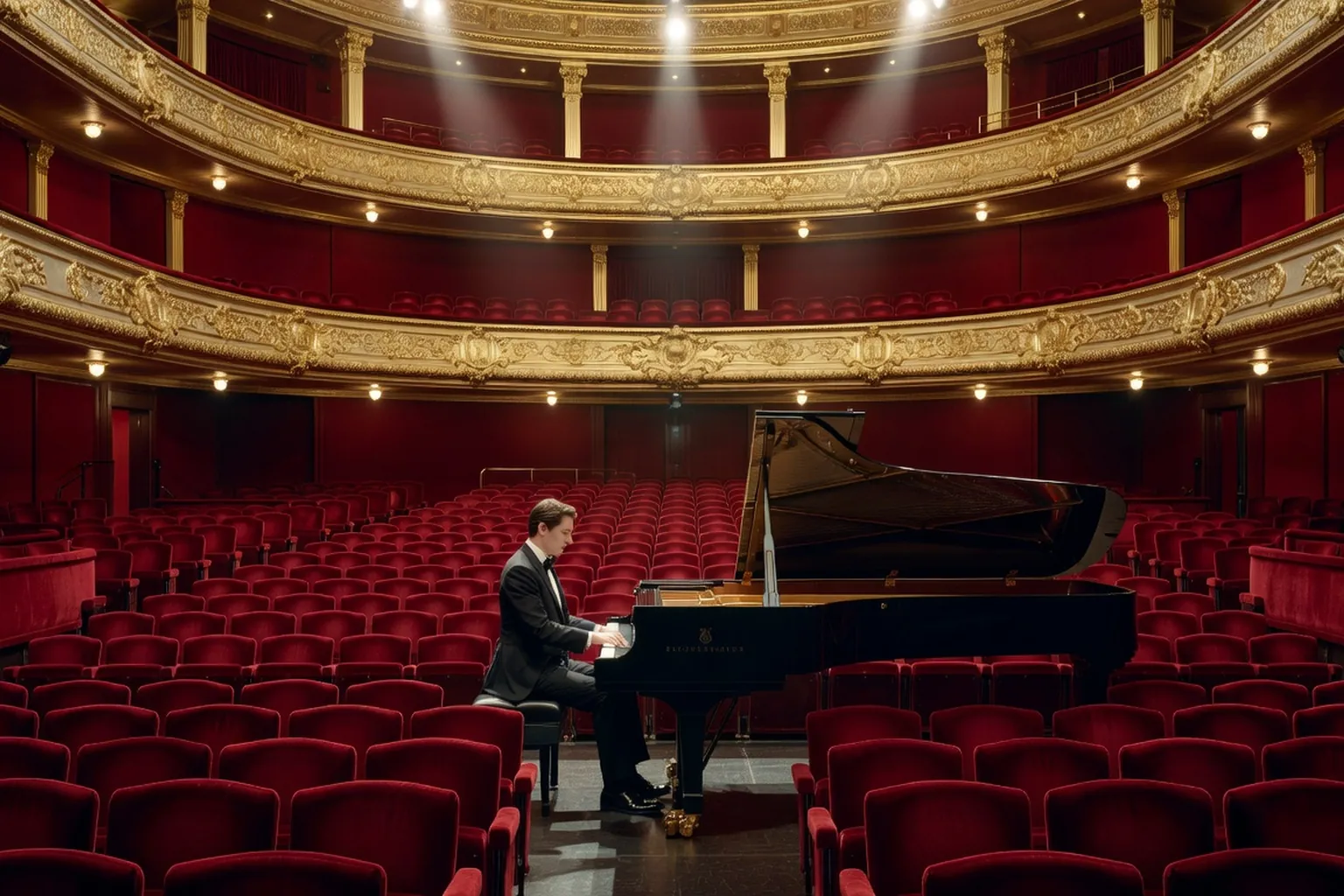 Pianiste en récital solo dans une grande salle parisienne, éclairage doré