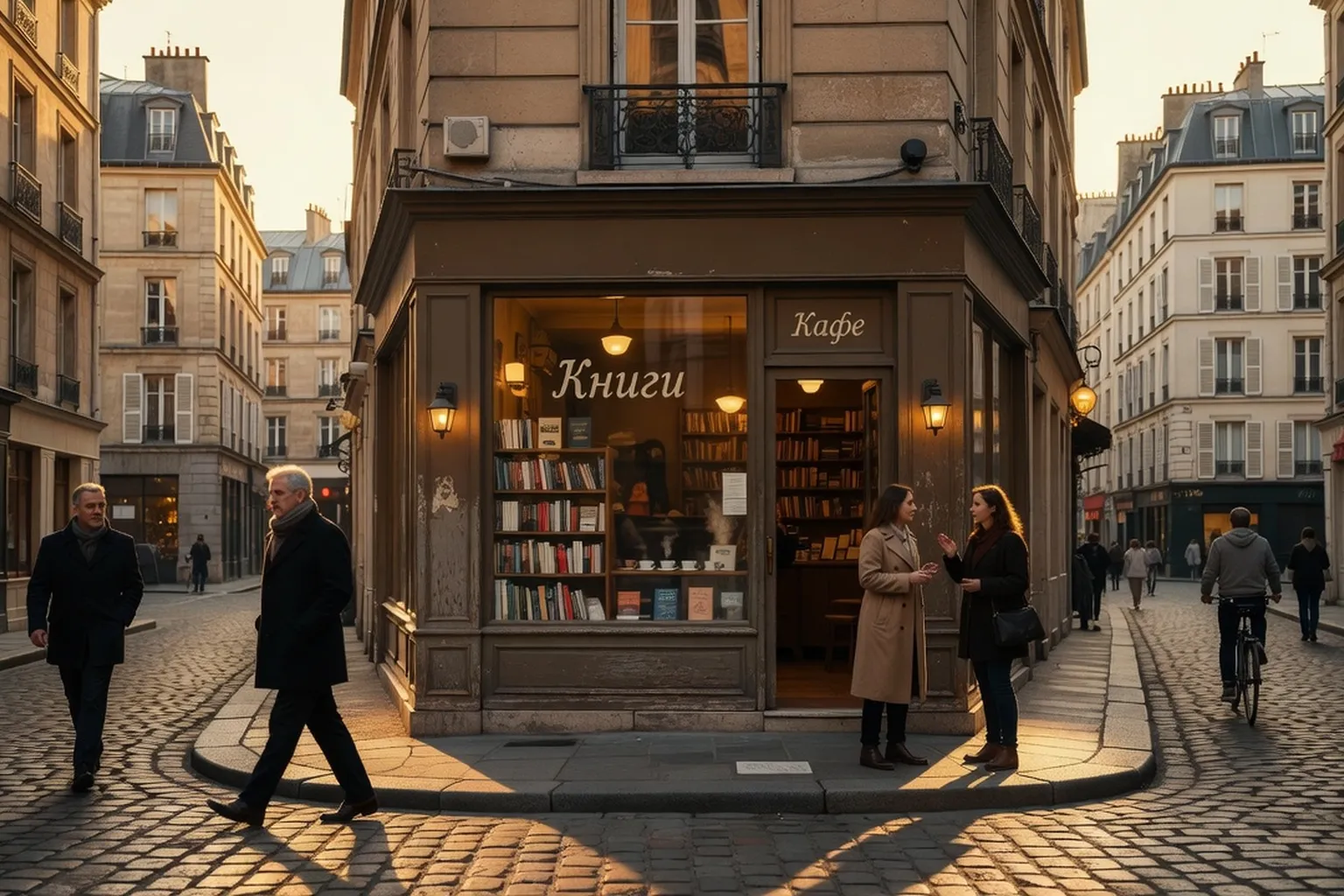 Quartier parisien avec devanture cyrillique discrète, café ou librairie, rue animée, lumière d'après-midi dorée