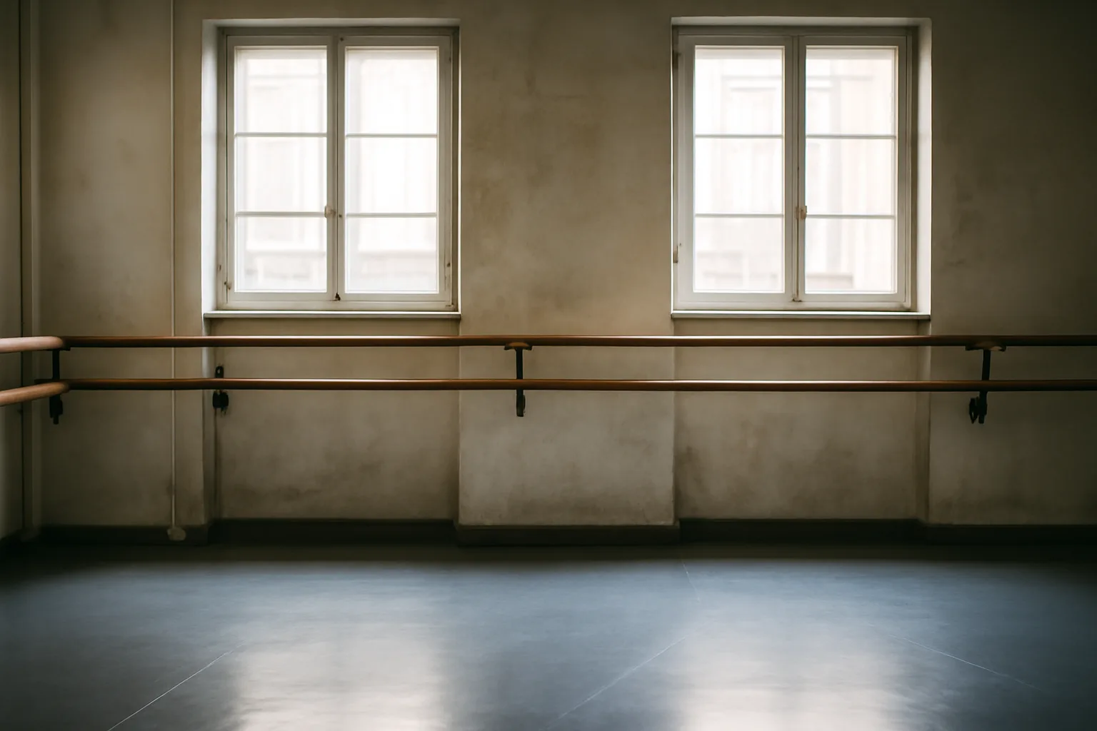 Salle de danse classique avec barre en bois, danseuse en position, lumiere naturelle