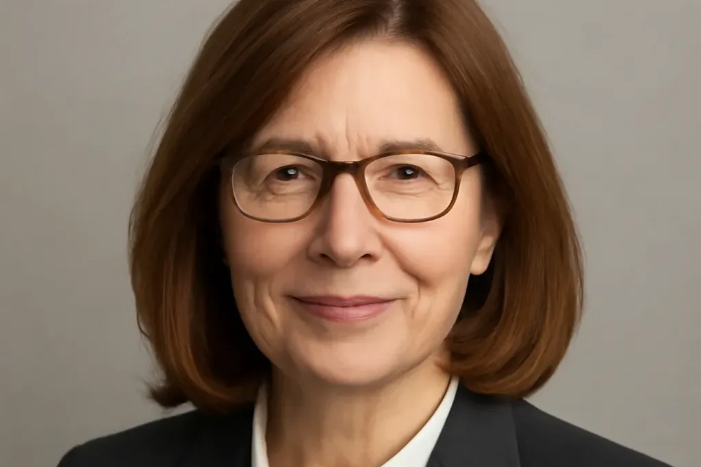 Portrait éditorial d'une femme professeure de russe, air professionnel, fond neutre sobre