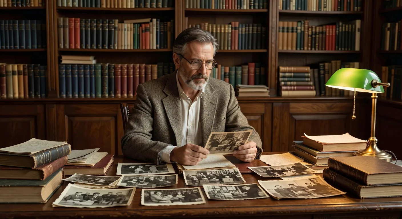 Portrait éditorial d'un historien devant des archives et photographies de l'émigration russe