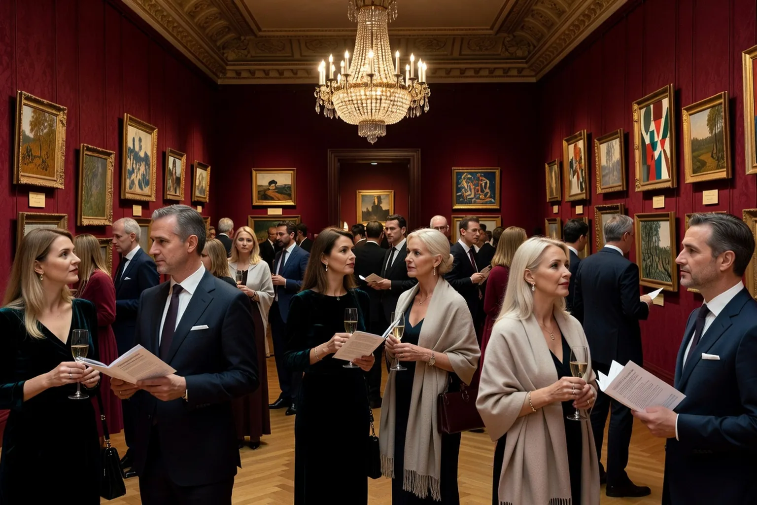 Foule lors d'un vernissage parisien, patine sépia