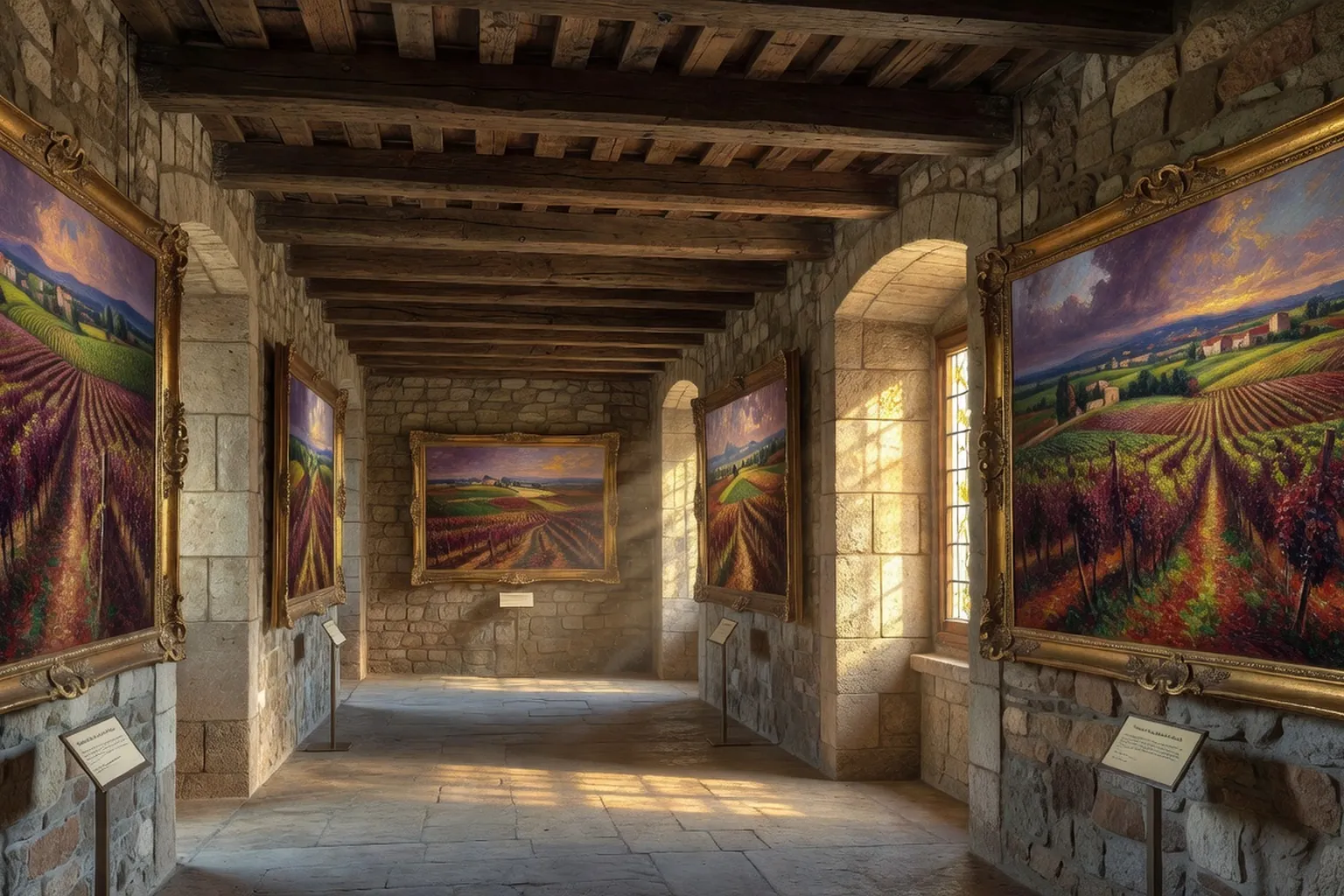 Vignoble de Bourgogne en peinture, lumière dorée d'automne, patine impressionniste