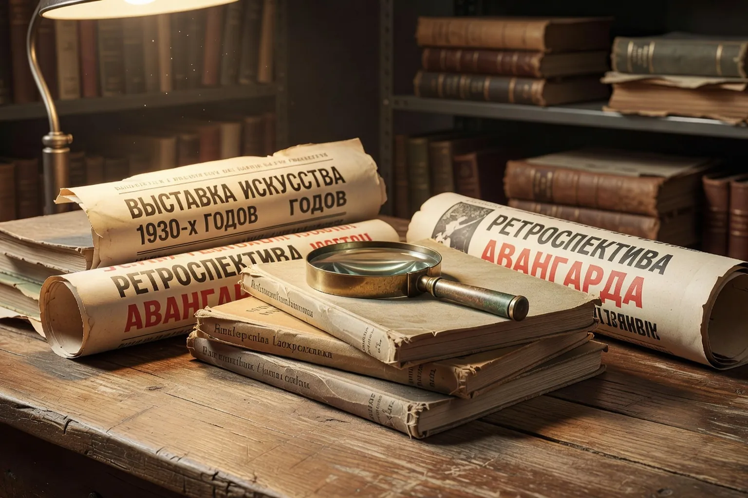 Salle d'exposition russe patinée, cartels et grandes toiles